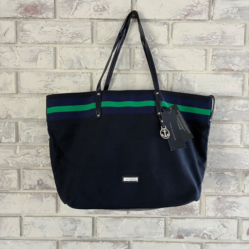 Tommy Hilfiger Canvas Tote Bag Navy Green Stripe Anchor Charm 6915984 467 NEW